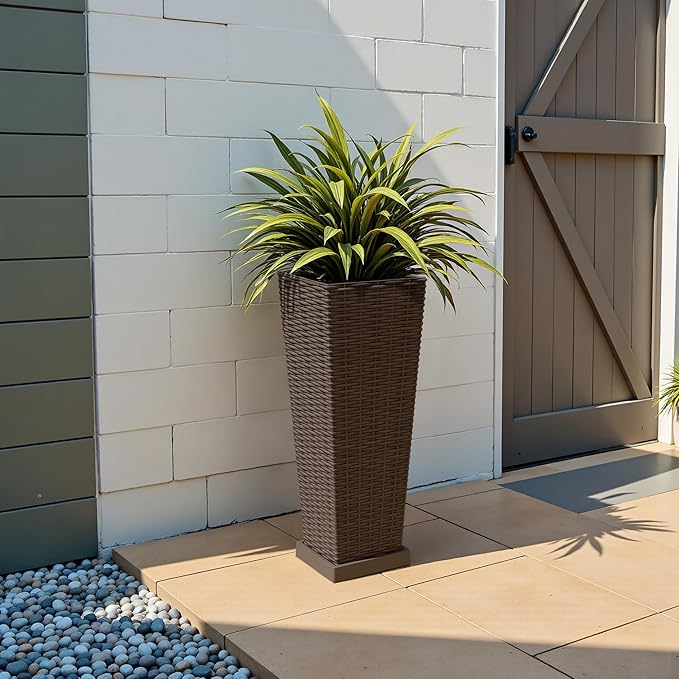 JUMMICO Set of 2 Resin Rattan Tall Planters for Outdoor Plants, Large Tapered Planters with Drainage Holes, Inner Trays and Outer Saucers, Flower Pots for Garden, Patio, Porch, Backyard (Brown, 24")