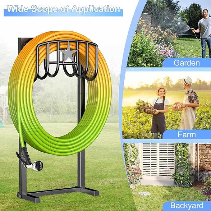 Garden Hose Holder – Heavy-Duty Freestanding Metal Stand, Holds 150FT Hose, with Stable 4-Spike Base, Easy to Install for Outdoor Yard, Lawn, Garden (Black)