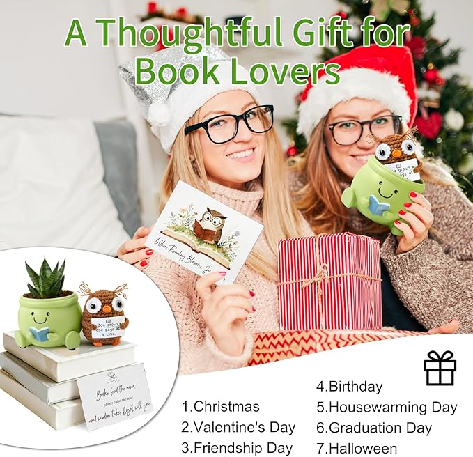 Book Lover Gift Set - Cute Reading Planter Pot with Positive Crochet Owl & Quote Card, Cozy Desk Decor for Teachers, Librarians, Women, Colleague, Friends