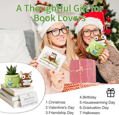 Book Lover Gift Set - Cute Reading Planter Pot with Positive Crochet Owl & Quote Card, Cozy Desk Decor for Teachers, Librarians, Women, Colleague, Friends