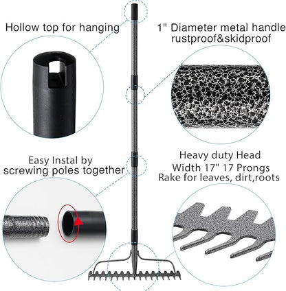 Bow Rakes for Lawns, 17 Prongs 17" Wide Heavy Duty Metal Garden Rake Long Handle 50", Adjustable Rock Yard Thatch Rake for Leaves Gardening Loosening Soil Mulch Gathering Leaf