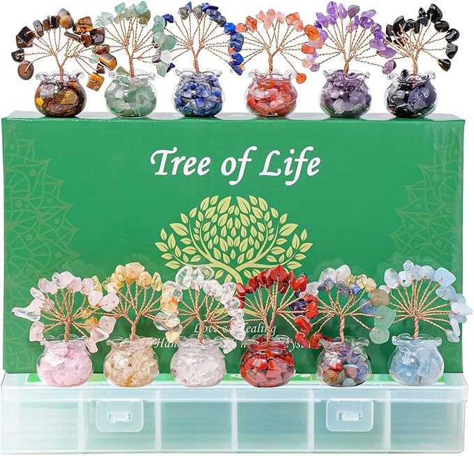 Runyangshi 12 Pcs Chakra Crystal Trees of Life - Fengshui Money Luck Gemstones Tree, Handmade with Natural Stones and Copper Wire for Home Office Decoration, Reiki Healing Meditation Gifts