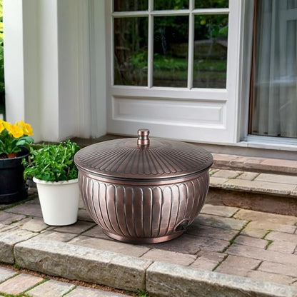 Monarch Abode Garden Hose Holder with Lid – Decorative Water Hose Holders for Outside, Arch Embossed Metal Antique Copper Pot with Drainage, 100ft Waterhose Holder for Outside, Garden Storage Caddy