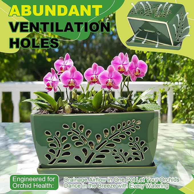 Ceramic Orchid Pot, 10 Inch Orchid Pots with Holes, Premium Thickened Handmade Glazed Pot for Orchidaceae Plants, Indoor Outdoor Decorative Flower Pots for Easy Repotting