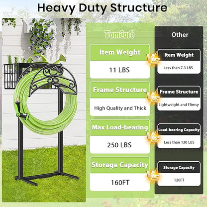 TomCare Garden Hose Holder with Large Storage Basket Heavy Duty Water Hose Holder Holds 160 Feet Hoses 4 Spikes Freestanding Hose Hanger Stable Hose Storage Organizer for Outside Yard