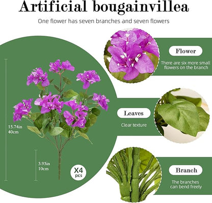 4 Pcs Artificial Flowers Bougainvillea Outdoor Artificial Plants Faux Flowers with Stems Silk Flowers for Wedding Porch Living Garden Decor Without Vase (4PCS,Dark Purple)