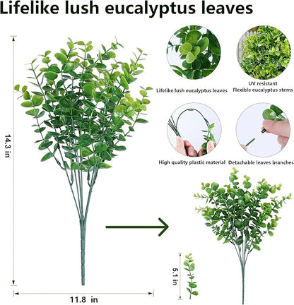Artificial Faux Outdoor Plants for Spring Summer Decoration, 12 Bundles Fake Plastic Eucalyptus UV Resistant Look Real Fake Plants for Planter Outside Front Door Porch Patio Balcony Garden Indoor Yard