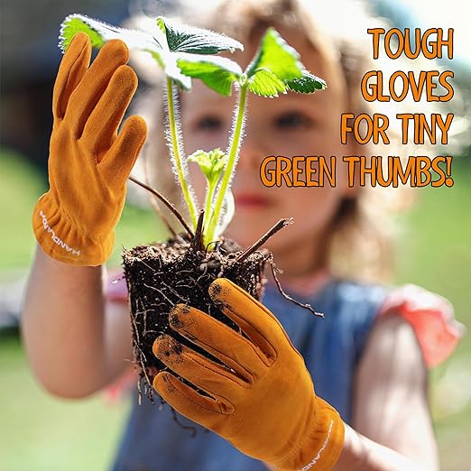 HANDLANDY Kids Genuine Leather Work Gloves for ages 3-11, Children Gardening Gloves for Boys, Girls (Small (for age 2-4), Orange)