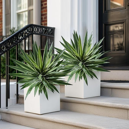 Artificial Agave Plant Fake Agave Planters for Indoor Outdoor Faux Agave Plants Real Touch Realistic Greenery for Home Living Room Office Bathroom Garden Front Porch Patio Decor (16inch-2 Pcs White)