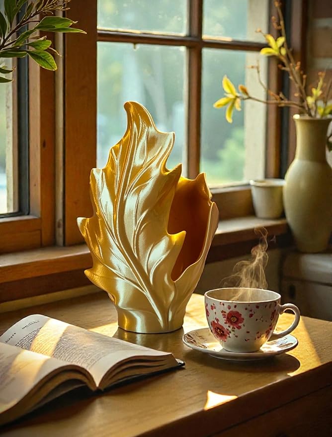 3D Printed Leaf Planter Vase (Gold, 10x6x5)