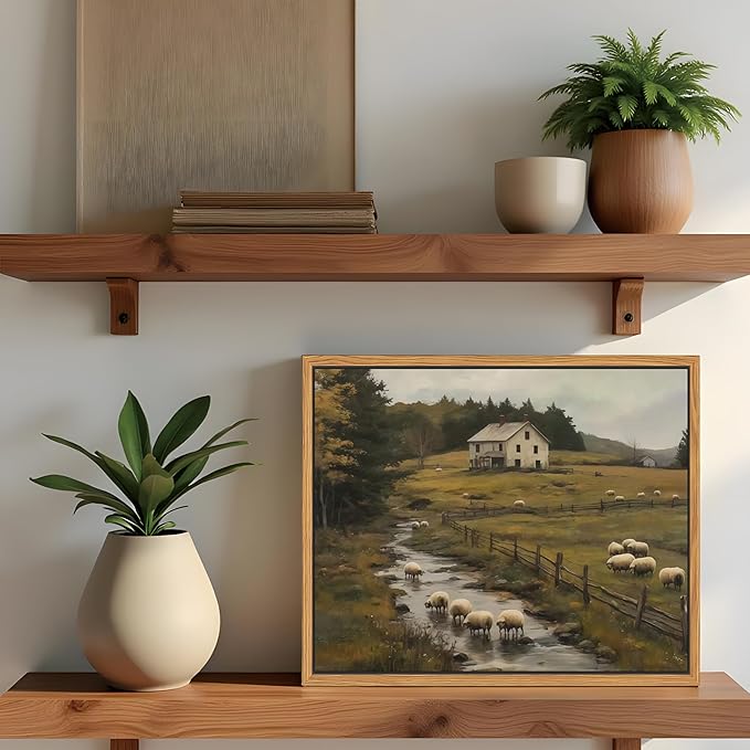 SAMHOU Floating Framed Canvas Wall Art, Vintage French Country Farmhouse Landscape Wall Decor, Rustic Meadow Flock of Sheep Poster Prints Picture for Living Room Bedroom Home Decor 8x10 inch