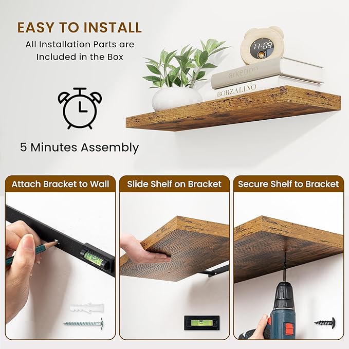Fun Memories Floating Shelves for Wall, 30 Inch Rustic Wood Wall Mounted Shelves for Bathroom, Bedroom, Kitchen, Living Room, Deep Floating Shelves for Storage & Home Decor (Brown,Set of 2)