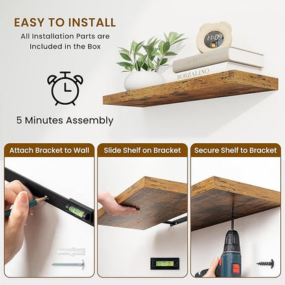 Fun Memories Floating Shelves for Wall, 30 Inch Rustic Wood Wall Mounted Shelves for Bathroom, Bedroom, Kitchen, Living Room, Deep Floating Shelves for Storage & Home Decor (Brown,Set of 2)
