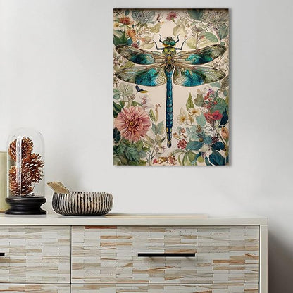 GDSRGXC Vintage Botanical Dragonfly Canvas Wall Art, Turquoise and Gold Insect Print with Floral Background, Nature Home Decor (12''x16'')