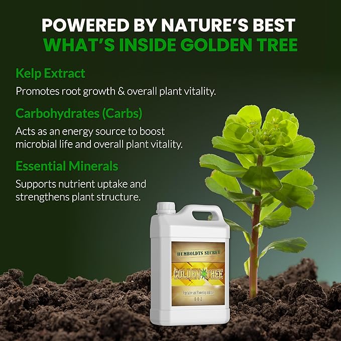 Humboldts Secret Golden Tree Liquid Plant Food | Enhances Growth Indoors or Outdoors | All-in-One Plant Nutrients for Vegetables, Trees, Flowers, Fruits, Roses, Lawns, Tomatoes | 2.5 Gallon