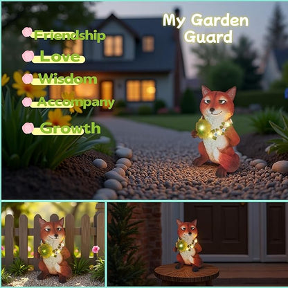 Solar Red Fox Garden Statue 12 Inch, Whimsical Woodland Animal Resin Garden Decor w/ Four-leaf Clover Light, Collectible LED Guardian Fox Outdoor Yard Ornaments for Spring St.Pactrick's Mom Gifts