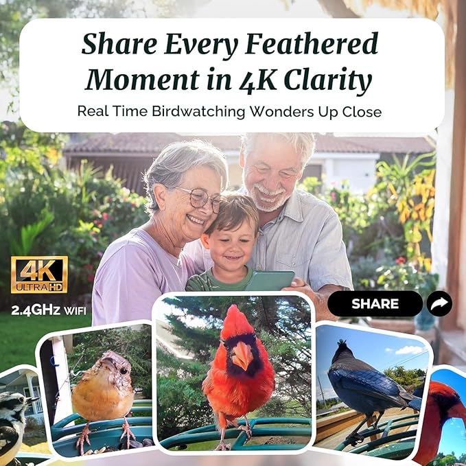 Beako™ Smart Bird Feeder with 4K Camera Solar Powered for Outdoors - UHD Live Stream for Birdwatching, AI Identification 10,000+ Bird Species, Real-Time Motion Detection, Ideal Gift for BirdLovers
