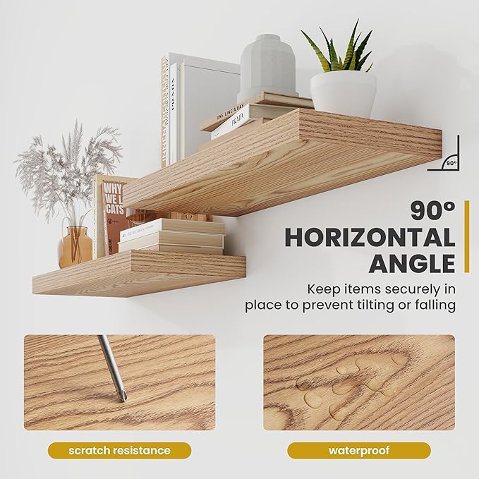 40 Inch Floating Shelves, 9.3" Deep Floating Shelf Wall Mounted, 40" Wall Shelves, Rustic Deep Bookshelf, Large Display Shelves & Storage Shelves for Bedroom, Living Room, Light Brown, Set of 2
