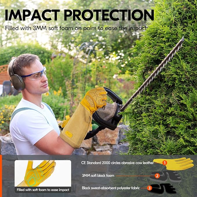 Vgo... Men's Extra-Long Leather Gardening Gloves, Gauntlet with Adjustable Cuff, Puncture & Thorn Proof, Touchscreen (CA9659)