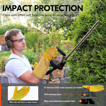 Vgo... Men's Extra-Long Leather Gardening Gloves, Gauntlet with Adjustable Cuff, Puncture & Thorn Proof, Touchscreen (CA9659)