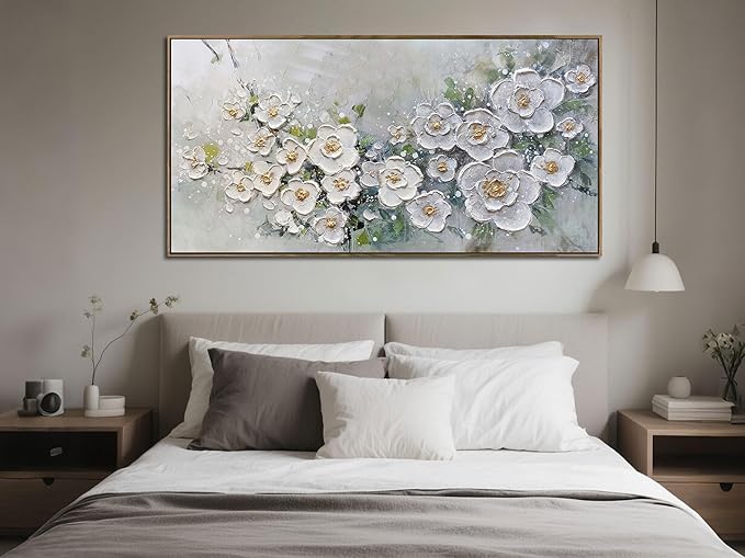 Brushart Large White Flower Wall Art Textured Floral Canvas Wall Art Decor Pictures Paintings Artwork for Living Room Dining Room Bedroom Home Office, Framed 48"x24"