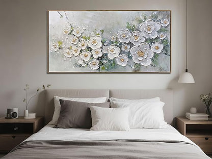 Brushart Large White Flower Wall Art Textured Floral Canvas Wall Art Decor Pictures Paintings Artwork for Living Room Dining Room Bedroom Home Office, Framed 48"x24"