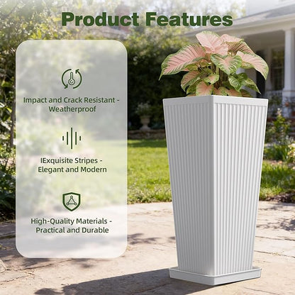 Square Tall Planters for Outdoor Plants Set of 2-23.6" Modern Tapered Indoor Flower Pots with Drainage Holes/Partition/Tray, Large Outdoor Planters for Porch Patio Garden Front Porch, White