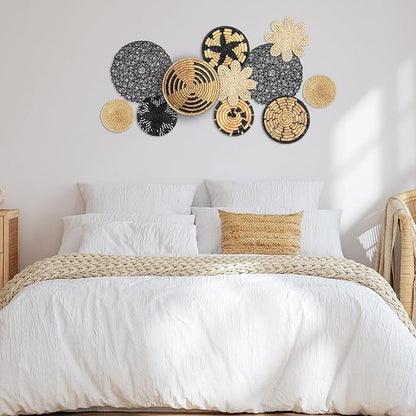 Tatuo 11 Pcs Boho Wall Basket Decor Decorative Bulrush Woven Basket Wall Decor Art Round Farmhouse Hanging Baskets for Kitchen Rustic Home Summer Decorations, Multi Sizes(Fresh)
