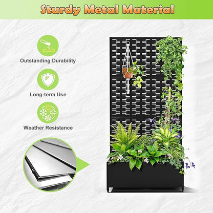 Metal Raised Garden Bed with Trellis, 2-in-1 Planter Box & Privacy Screen for Climbing Plants, Outdoor Standing Flower Bed with Drainage Holes, 35.4" L x 15.7" W x 70.1" H, Black-Brick