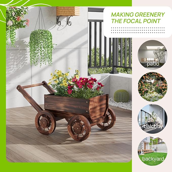 Wooden Flower Cart with Wheels Wooden Wagon Planter Outdoor Garden Planter Decor Planter for Patio Balcony Trolley Decoration Succulent Flower Pot, Indoor Backyard Balcon Decor（S）
