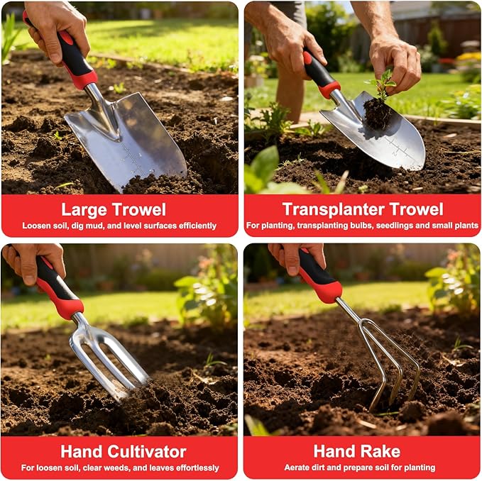 Yesker Gardening Tools 9-Piece Heavy Duty Garden Tool Set Gardening Supplies Gifts for Women Men Gardening Hand Tool Kit with Non-Slip Ergonomic Handle, Garden Bag, Durable Gloves, Spray Bottle, Red