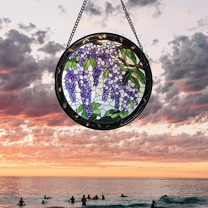 Stained Glass Window Hanging - Wisteria Flower Tree Suncatcher for Doors Garden Patio Plant Sun Catchers Decor Christmas Mother's Day Birthday Gifts for Women Men Mom Nana Friend 6.3 in