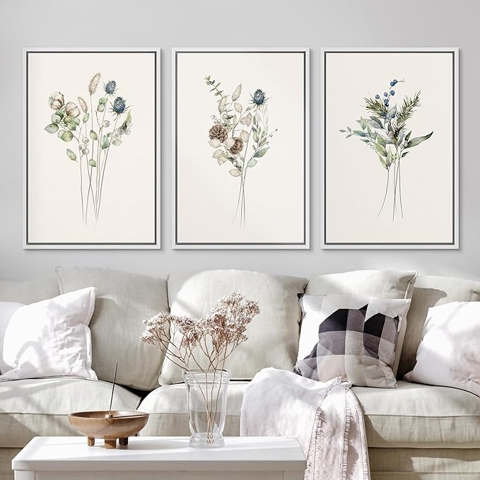 Ashbrook Framed Canvas Print Wall Art Set Wildflower Bouquet Nature Wilderness Illustrations Modern Art Decorative Floral Botanical Minimal Calm/Relax/Cozy for Bedroom - 24"x36"x3 WHITE