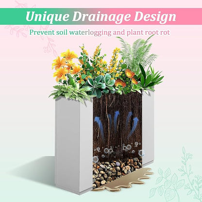 Metal Planter Box Rectangular Planter Box with Drainage Hole, Outdoor Large Planters, All-Weather Use, Rust-Resistance, for Flowers Plants, 35.4" L × 9.1" W × 25.6" H, White