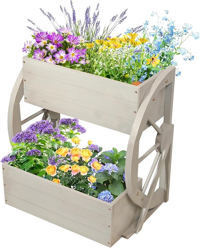 Wooden Wagon Planter Box,2-Tier Flower Pot with Wheels for Indoor & Outdoor,Rustic Garden Decor for Patio/Garden/Balcony,Gray,22.04x22.04x21.65in