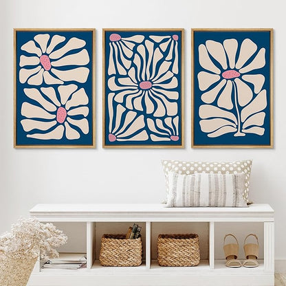 Ashbrook Framed Canvas Print Wall Art Set Mid-Century Modern Navy Blue Flowers Nature Wilderness Illustrations Modern Art Floral Botanical Minimal Calm/Relax/Cozy for Bedroom - 24"x36"x3 Natural
