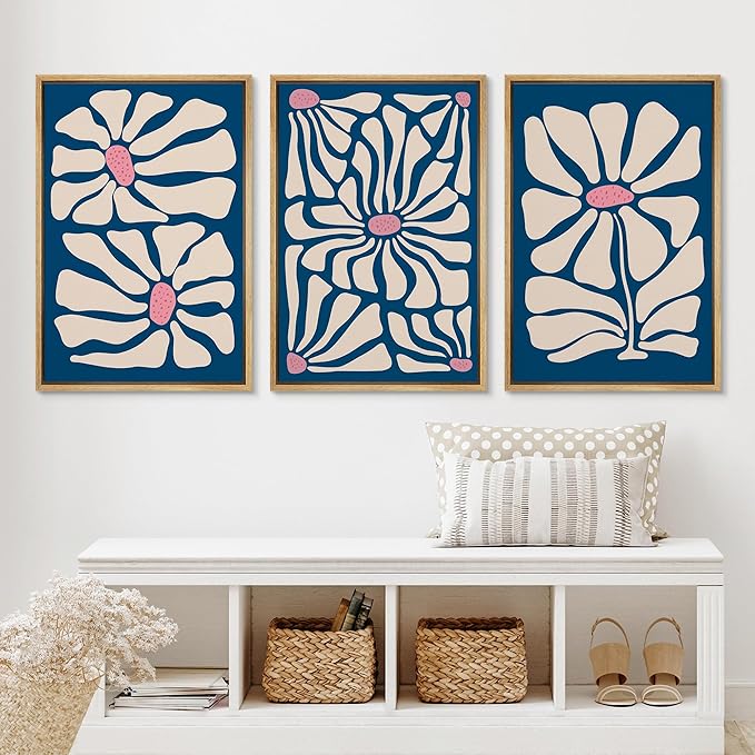 Ashbrook Framed Canvas Print Wall Art Set Mid-Century Modern Navy Blue Flowers Nature Wilderness Illustrations Modern Art Floral Botanical Minimal Calm/Relax/Cozy for Bedroom - 16"x24"x3 Natural