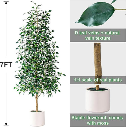 7FT Artificial Ficus Trees Indoor Faux Trees Indoor Fake Floor Plants Tall Artificial Tree with White Pot Faux Tree Fake Indoor Tree Silk Plants Artificial Trees for Home Decor Indoor