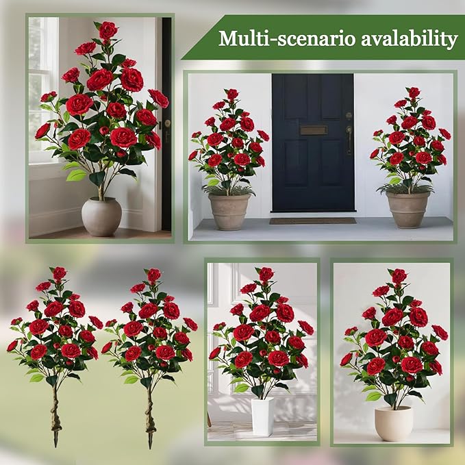 Artificial Camellia Tree with Spike, 36” Tall Faux Artificial Plants Outdoor Flower Tree with Red Blooming Camellia Flower, Fake Flower Tree for Home, Garden Decor(Red)