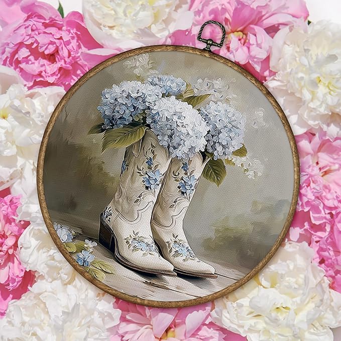 TLESKE Hydrangea Western Cowgirl Boots Round Wall Art Decor Framed 10x10, Chinoiserie Preppy Floral Canvas Wall Art Prints Artwork, Vintage Blue And White Wall Hanging Room Door Decor for Bedroom