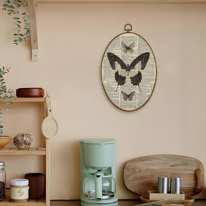 LKETW Vintage Butterfly Oval Wall Art Decor, Cottagecore Dictionary Butterfly Oval Canvas Hanging Decor, Retro Moth Insect Wall Decorations for Home Bedroom Living Room, 8.6x11.4 Inch