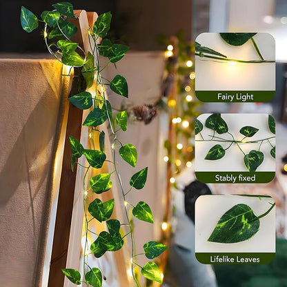 Metaku 33FT 100 LED Vine with Fairy Lights, Battery Operated Pothos String Lights with Remote, Warm White Leaf Lights for Bedroom, Room, Wall, Wedding, Garden, PartyDecor