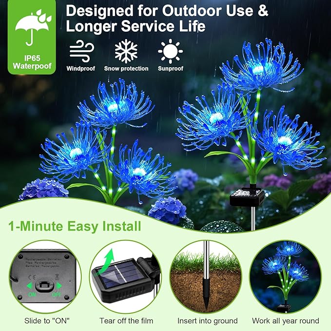 Solar Garden Flower Lights Outdoor,8 Pack 24-Head Blue Spider Lily Waterproof with Glowing Stems,Elegant Yard,Patio & Law Decor,Ideal Halloween & Gardening Gifts for Women,Mothers & Grandma