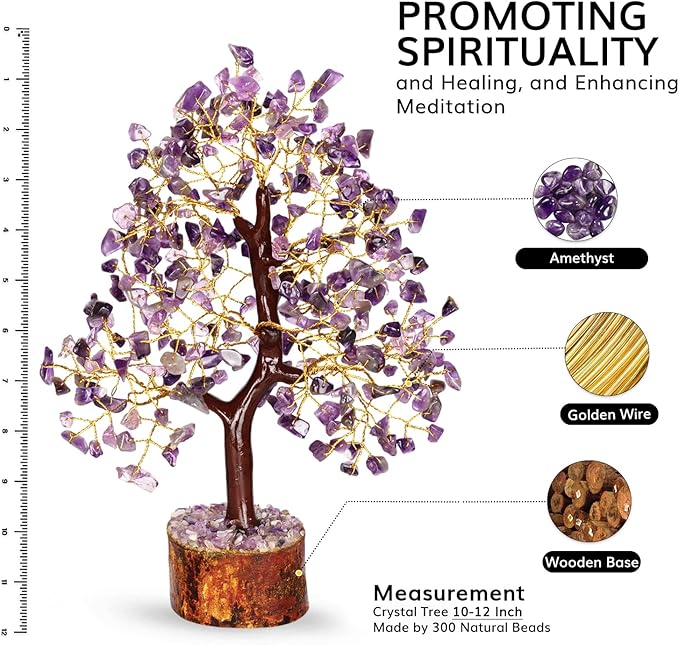 NARIBABU Amethyst Crystal Tree – 10-12 Inch Gemstone Tree with Golden Wire & Wooden Base – Spiritual Gift, Gifts for Her, Healing Crystals Decor, Birthday Gift for Women, Reiki Energy