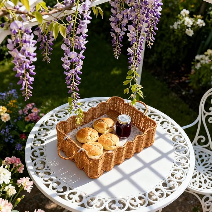 Scalloped Rattan Tray Basket,17"*12"*4" Super Hard Rectangle Hand Woven Wicker Serving Tray with Handles, Seagrass Decoratve Tray for Coffee Table (Rattan-Light Orange-17 * 12 * 4")