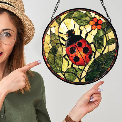 Stained Glass Window Hanging - Red Ladybug Green Plant Flower Sun Catcher for Door Home Decor Insect Suncatcher Christmas Mother's Day Birthday Gifts for Women Men Mom Nana 9.8 in