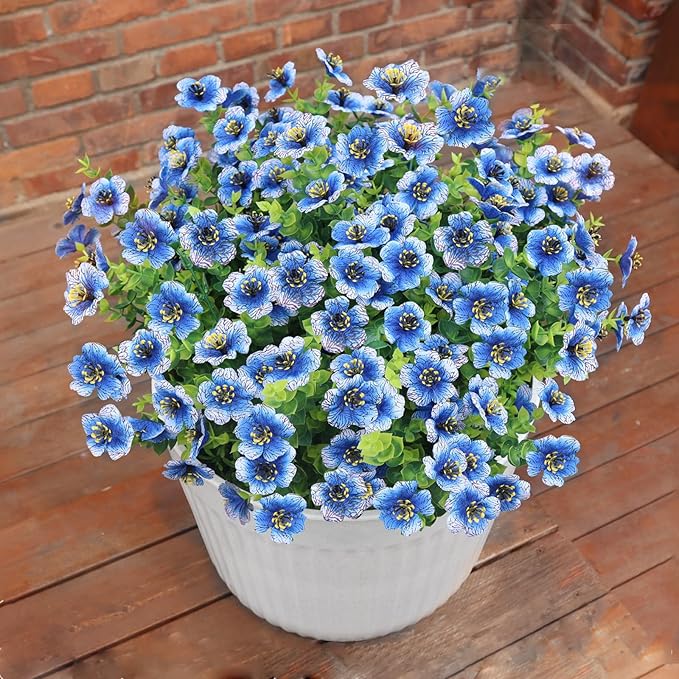 Faux Flowers for Outdoor Planters, Artificial Flowers for Outdoors, 12 Bundles Outdoor Flowers Uv Resistant, Blue, UV Resistant Fake Plant
