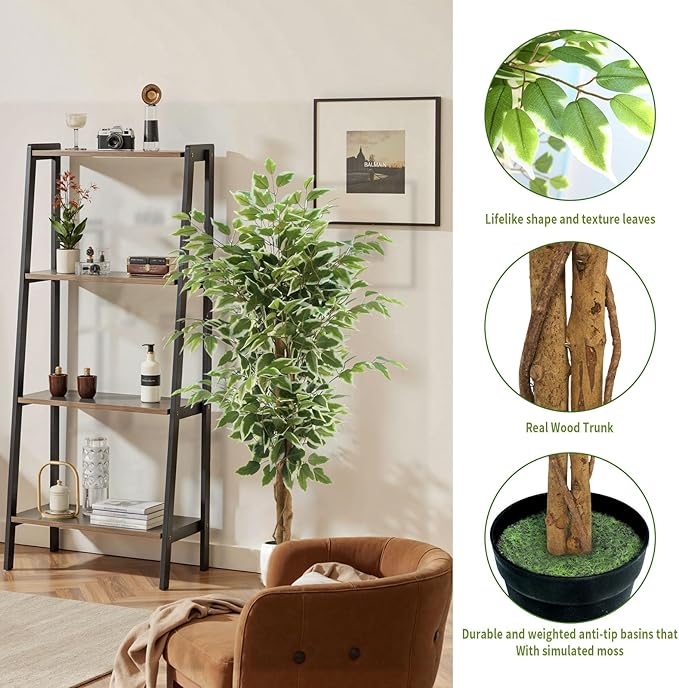 Ficus Tree Artificial, 4FT Realistic Fake Tree for Indoor, Faux Ficus Tree with Natural Wood Trunks Branch Leaves for Home, Office, Corner, Living Room, Bedroom, Porch, Garden Outdoor Decor