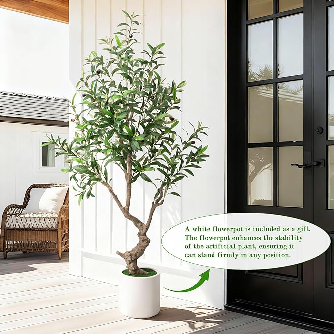 Fake Tree Faux Olive Tree with White Tall Planter Tall Fake Plant 5 Feet Tall Faux Trees Indoor Olive Trees Artificial Indoor Suitable for Home Decoration Hotel Dining Room Office Decoration