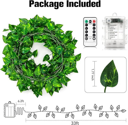 Metaku 33FT 100 LED Vine with Fairy Lights, Battery Operated Pothos String Lights with Remote, Warm White Leaf Lights for Bedroom, Room, Wall, Wedding, Garden, PartyDecor